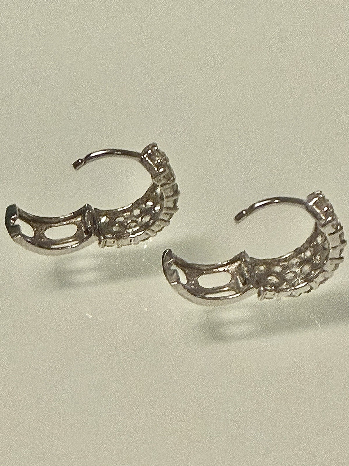 14 KT WHITE GOLD/3 ROW PAVE SET CZ HUGGIE HOOP 12.7 MM EARRINGS / 2.25 GRS