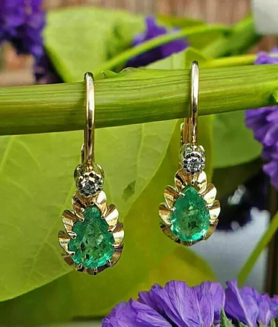 14K Yellow Gold Plated 2CT Pear Cut Simulated Green Emerald Drop Dangle Earrings