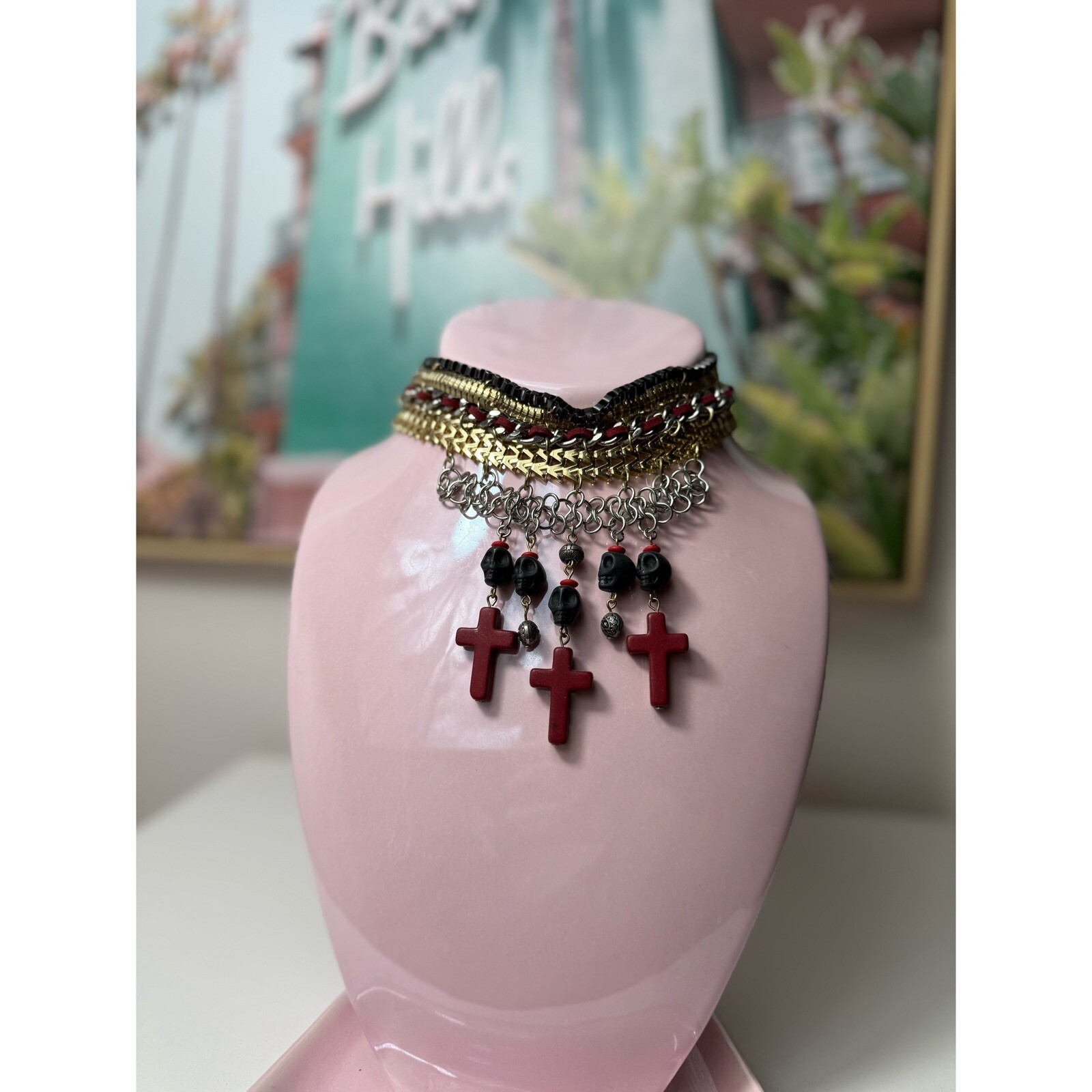 Topshop Silver Gold Black Skulls Cross Stacked Chain Choker Statement Necklace