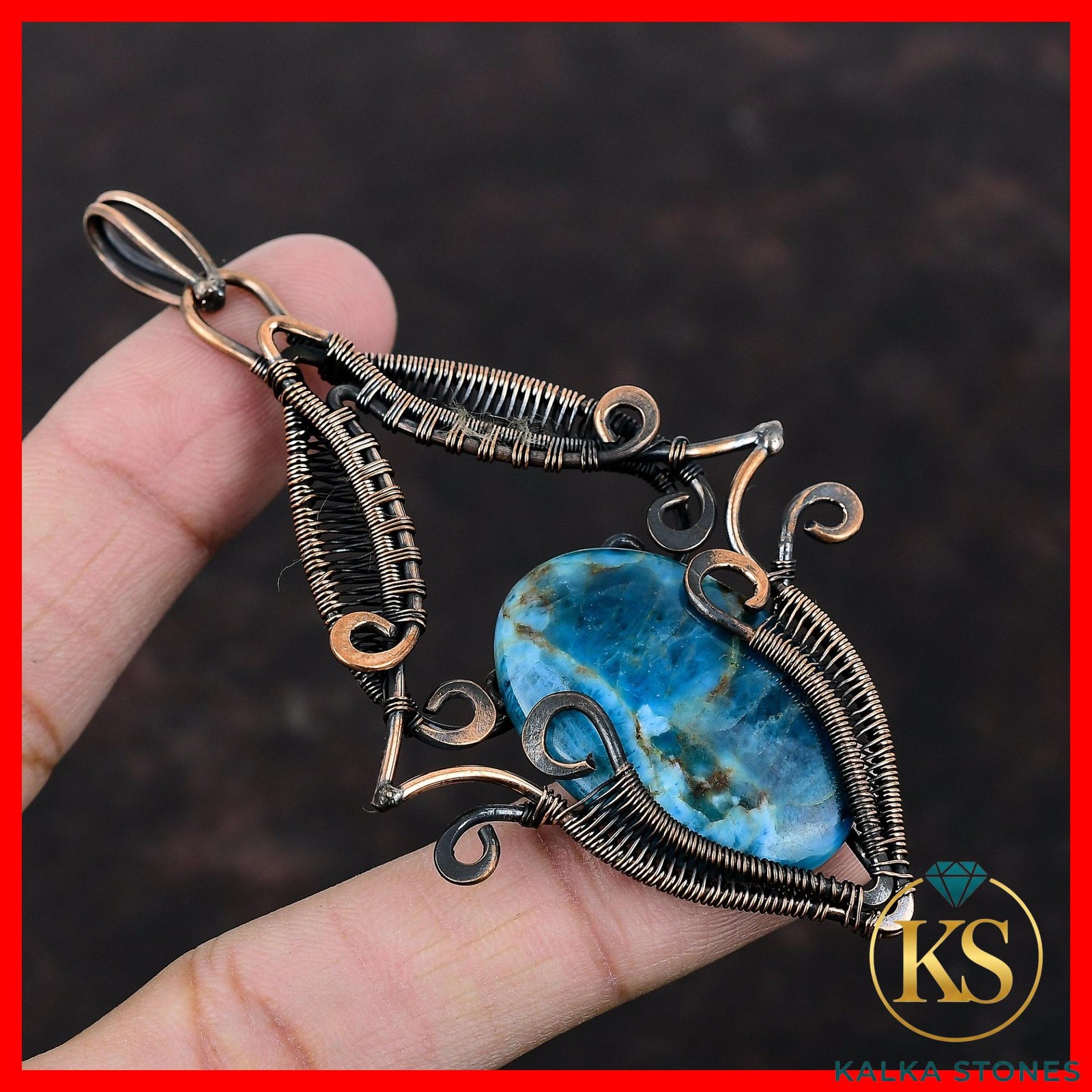 Copper Oval Neon Apatite Gemstone Birthday Art Deco Wire Wrapped Pendant Jewelry