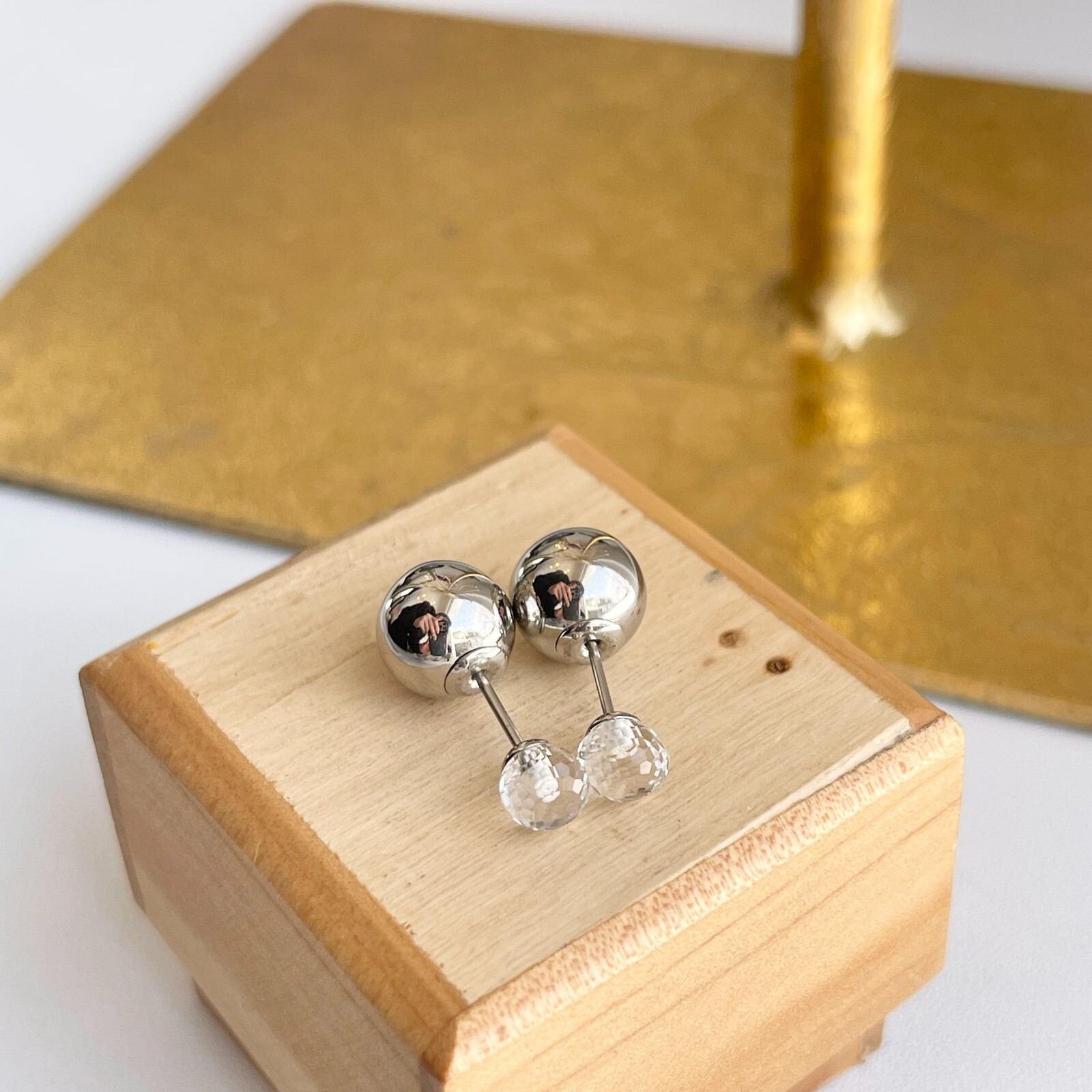 Stainless Steel Double Ended Silver Color Ball + Glass Post Stud Earrings NEW