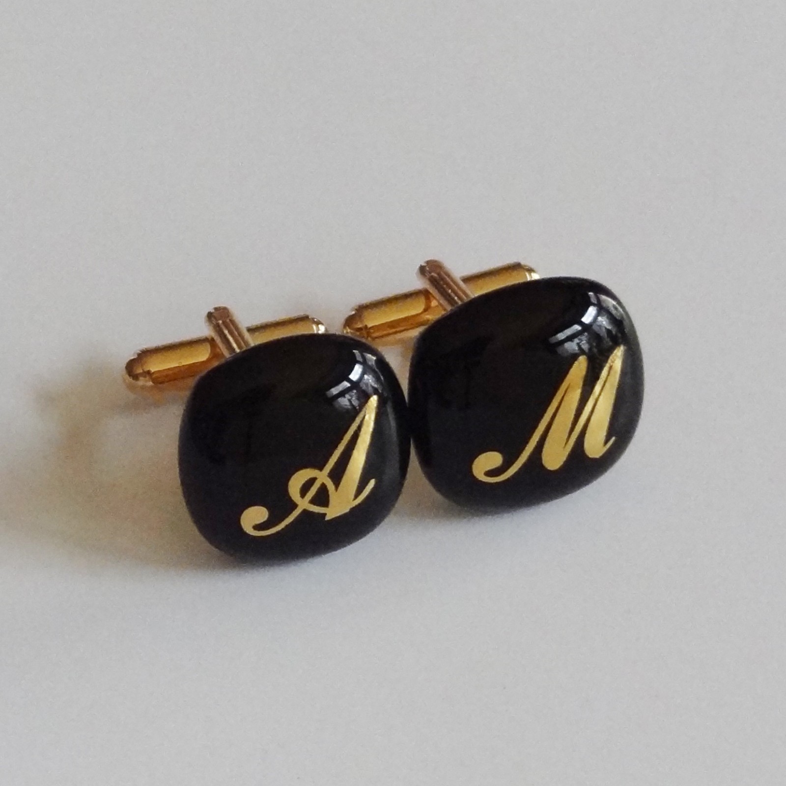 Personalized Monogram Cufflinks – Gold initials on black glass