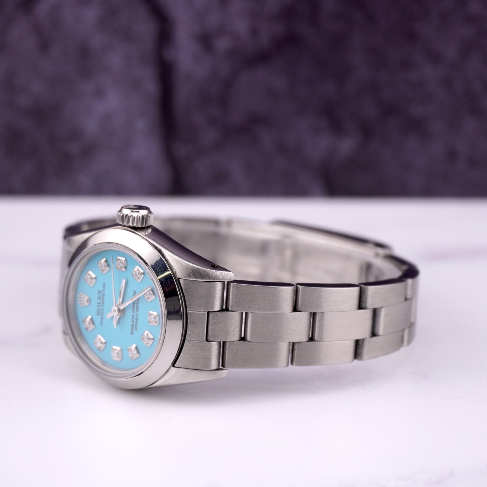 Rolex Oyster Perpetual 25mm Steel Baby Blue Diamond Smooth Oyster Ladies Watch