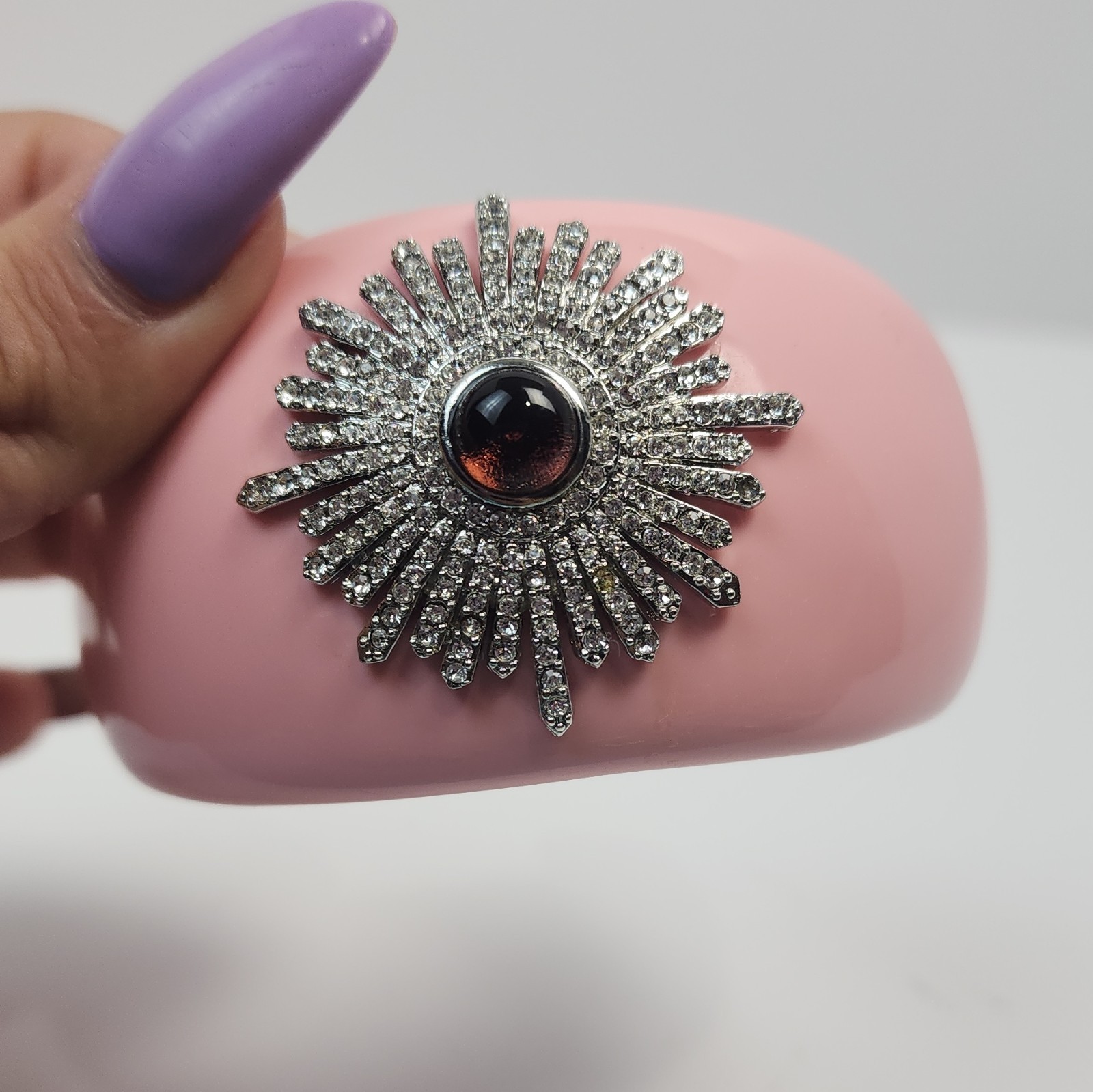 Pink Open Cuff Bracelet Silver-Tone Sunburst Rhinestones Red Cabochon Stone