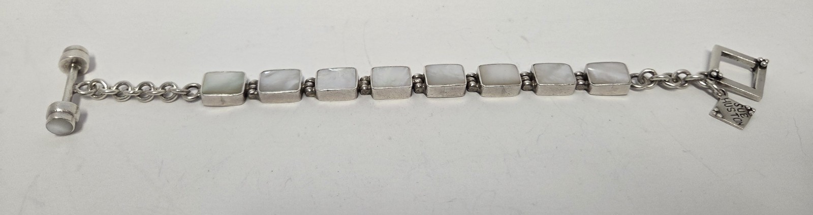 SUE HUSTON Sterling Silver Shell Inlay Bracelet 925 MOP Toggle Clasp 7″ L x3/8″w