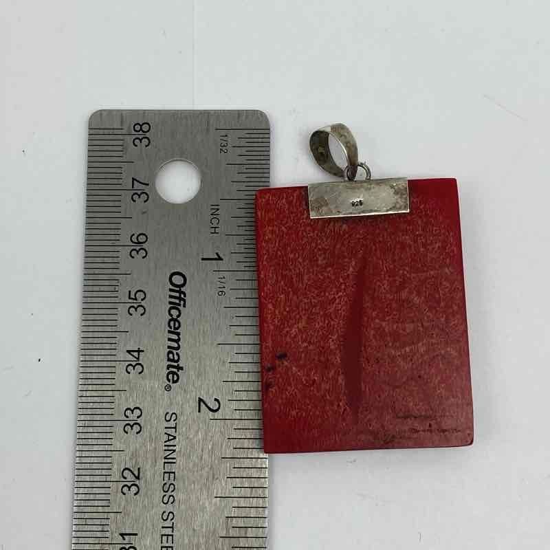 Sterling Silver 925 Red Coral Pendant Greek Key Meander Design 14.1g