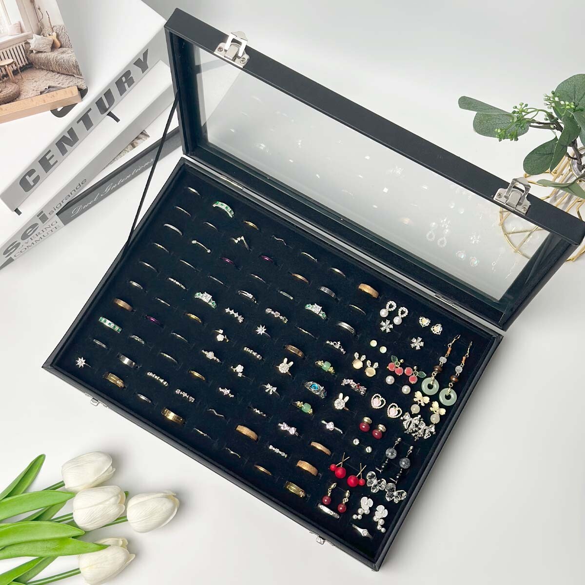 Black 100 Slots Ring Organizer Box,Ring Display Case Storage Boxes with Glass