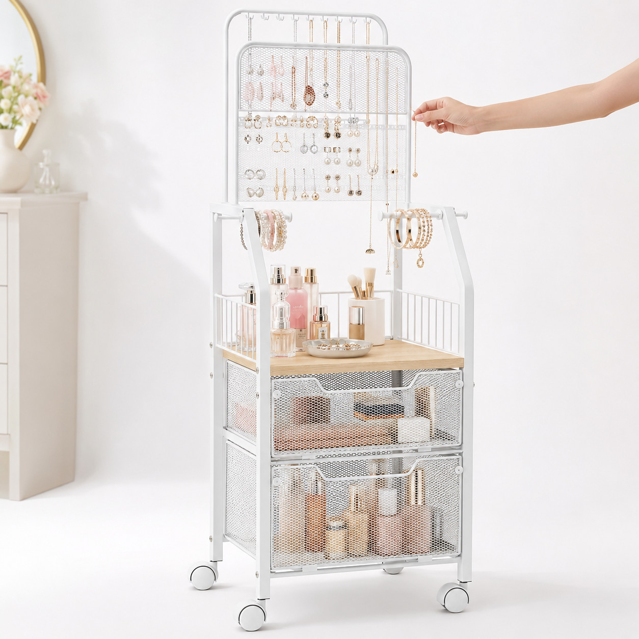 Rolling Jewelry Organizer Stand w/ 2 Drawers Necklace Earring Holder Cart White