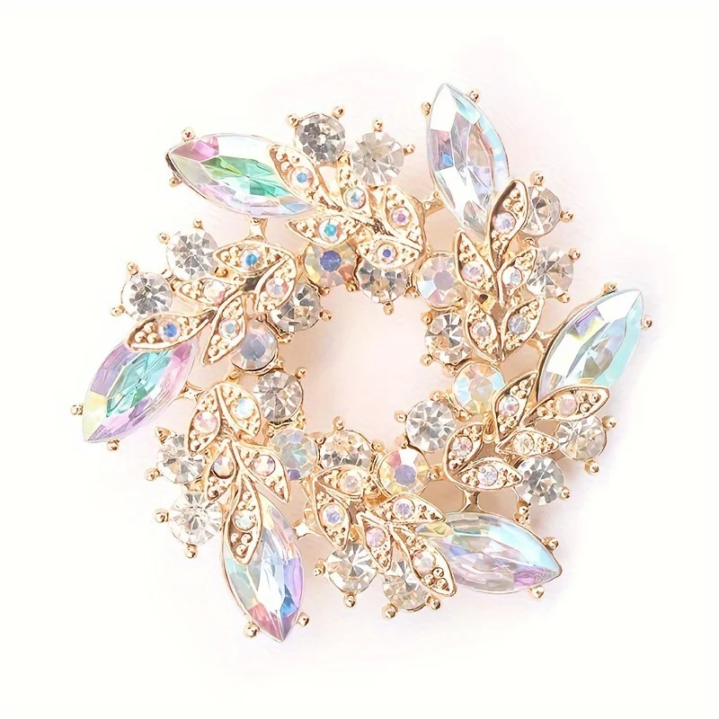 Rhinestone Brooch Wreath Floral Hollow Inlay Lapel Pin Clothing Jewelry