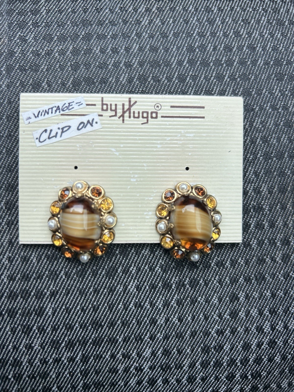 VTG West Germany Orange and Brown Porphyry Glass Rhinestone and Pearl Earrings
