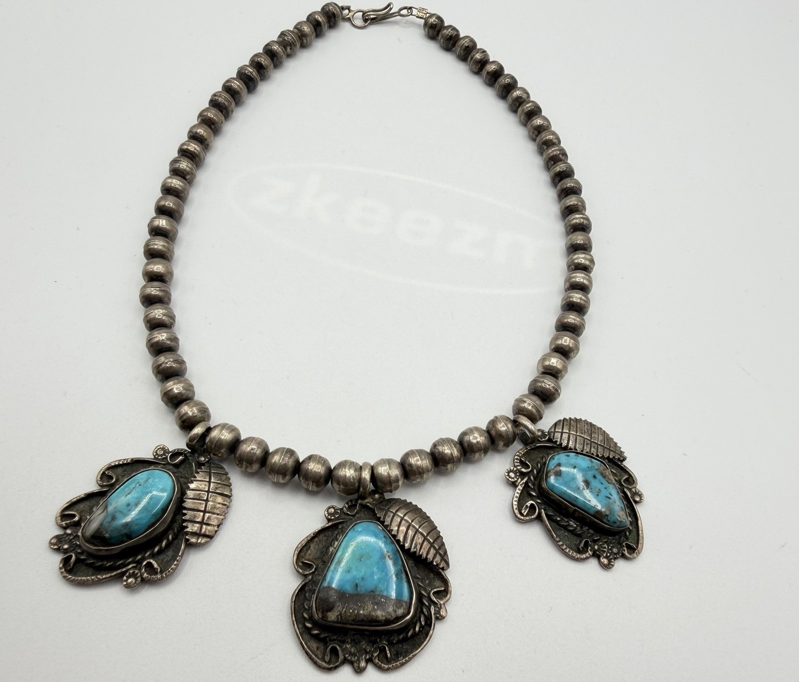 50g Vintage Navajo Persian Turquoise Sterling Silver Pendant Ball Beads Necklace