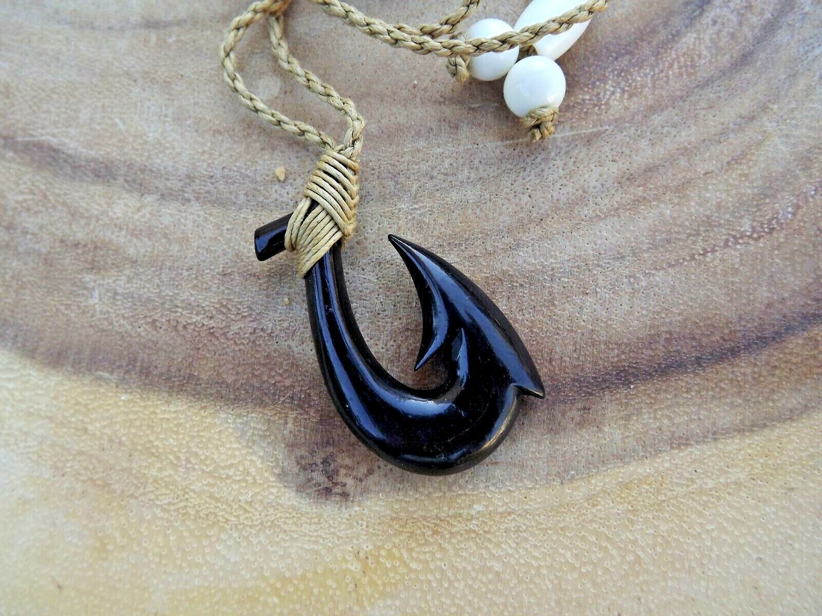 Hawaiian Buffalo Bone Black Fish Hook Necklace Maori Hei Matau Bone Hook Choker