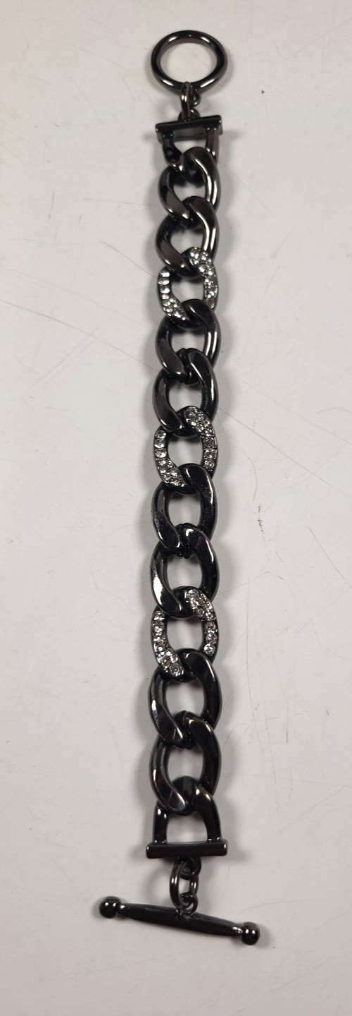 Gunmetal Toned Curb Link Bracelet with Crystal Accents.