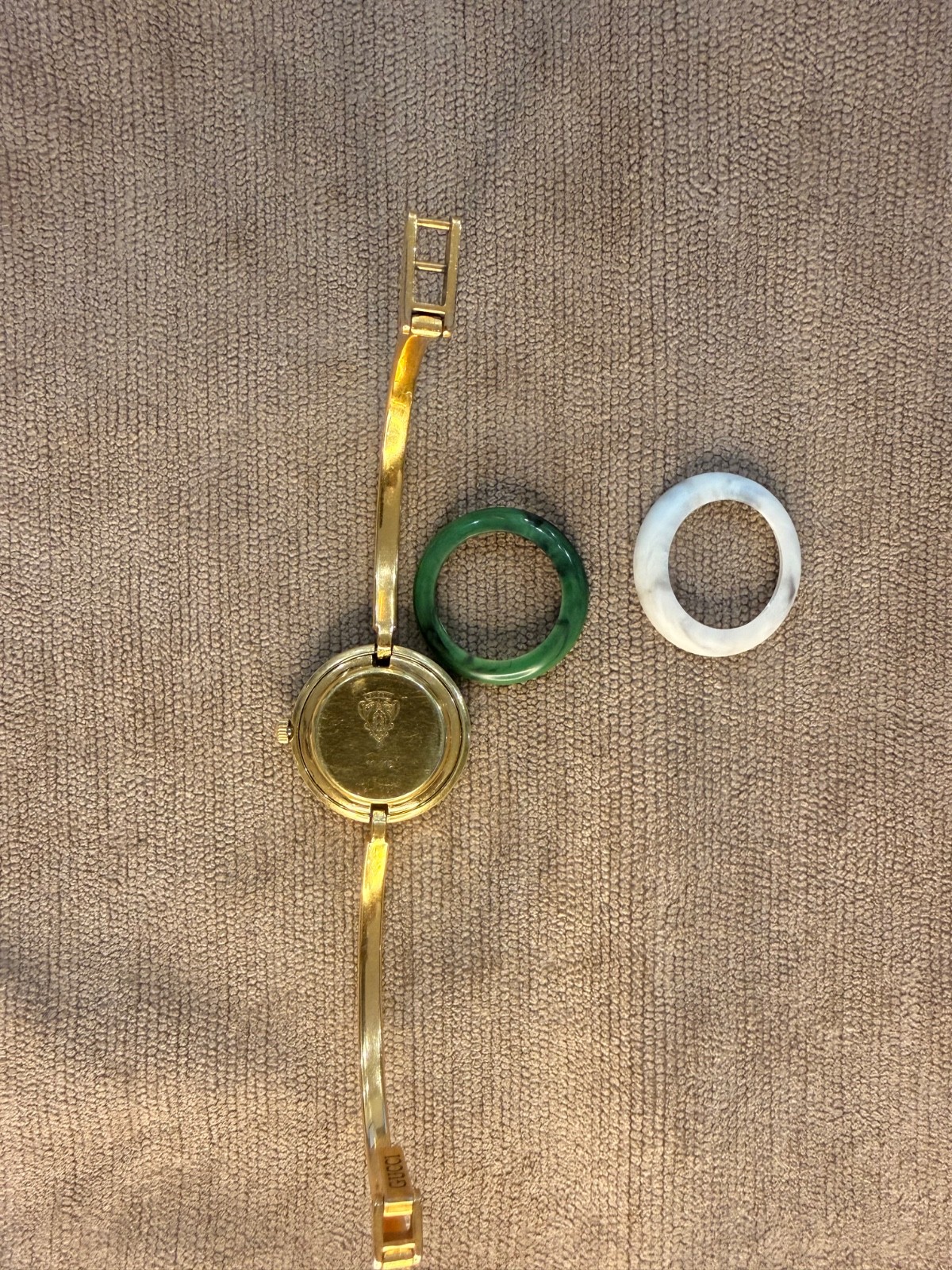 Gucci 1100L Gold Bangle Watch – Swiss Made, Working, 3 Interchangeable Bezels
