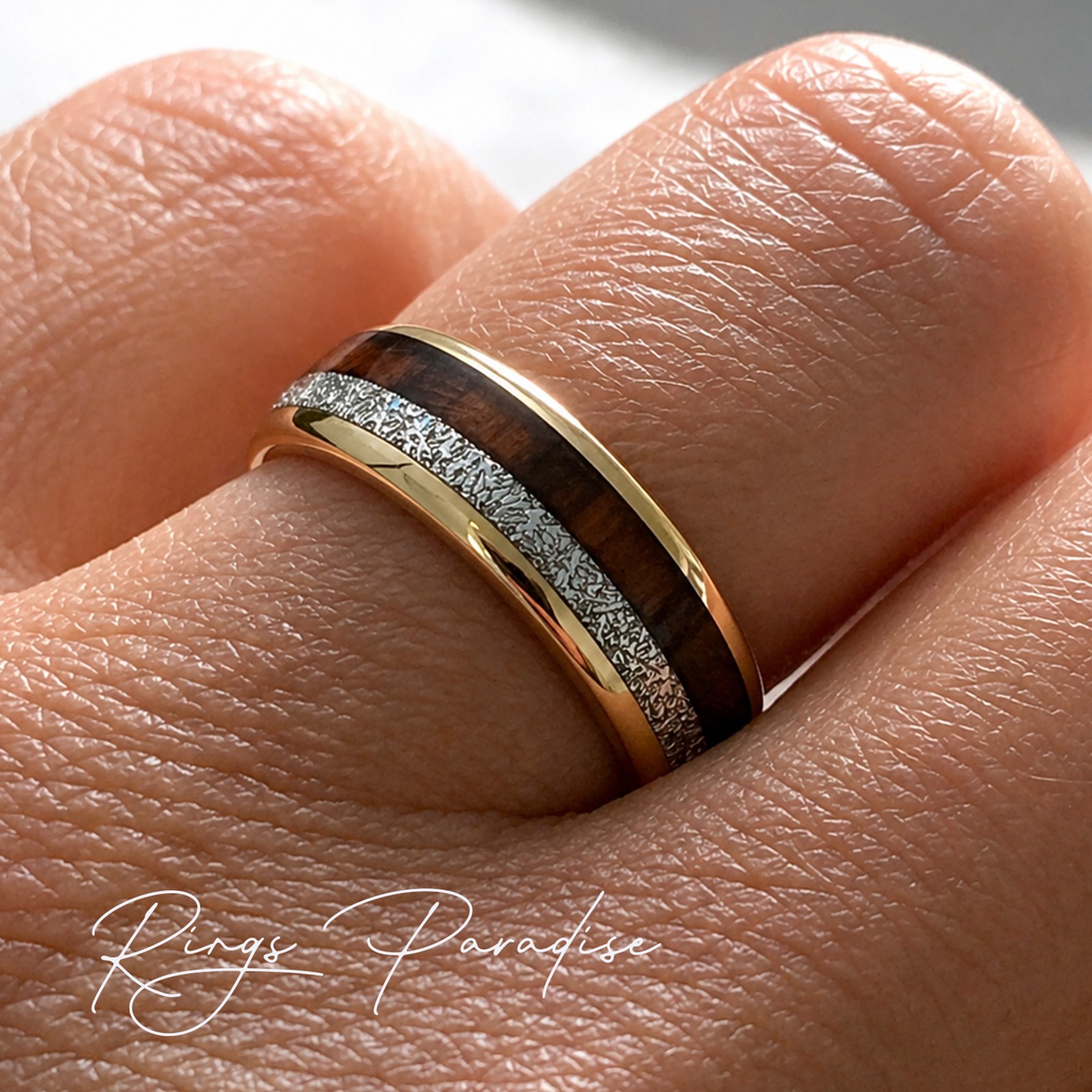 Yellow Gold Tungsten Ring 6mm 8mm | Wood Meteorite Inlay Band