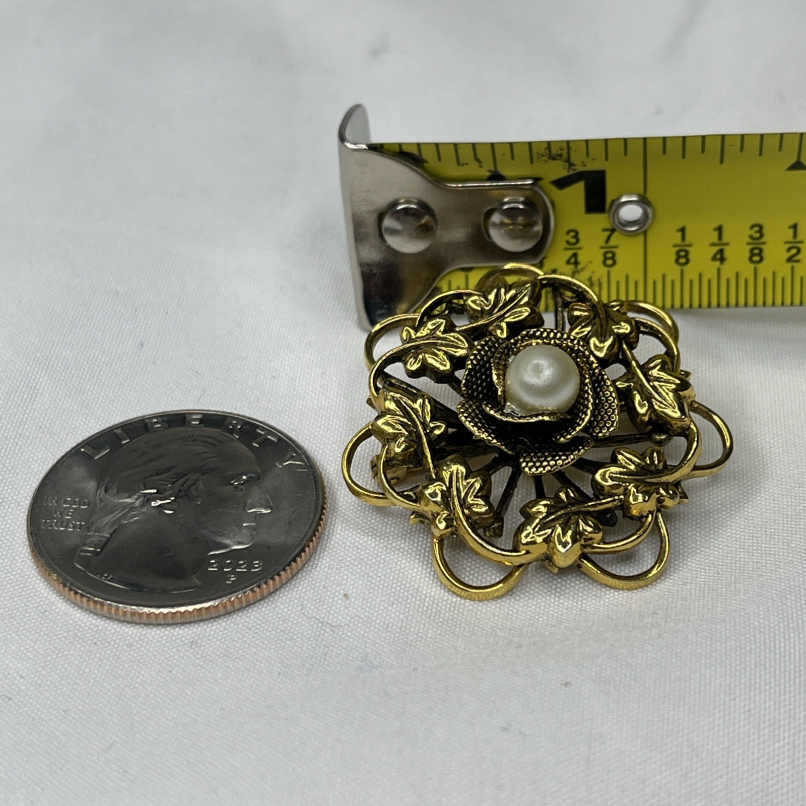Vintage Wreath Leaves Brooch Singed~Freirich Gold Tone & Faux Pearl Victorian