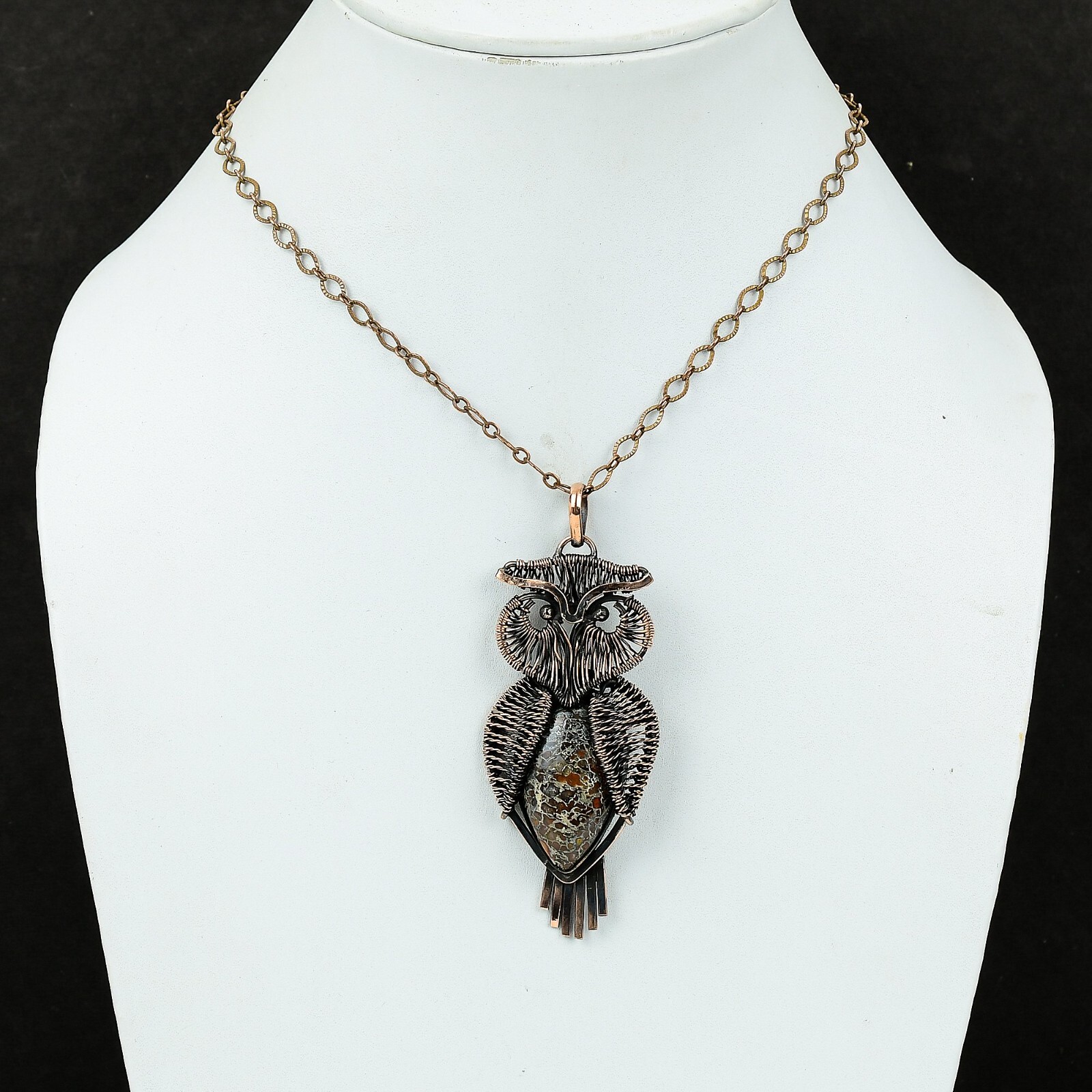 Dinosaur Bone Jewelry Copper Gift For Mother Wire Wrapped Owl Pendant 3.39″