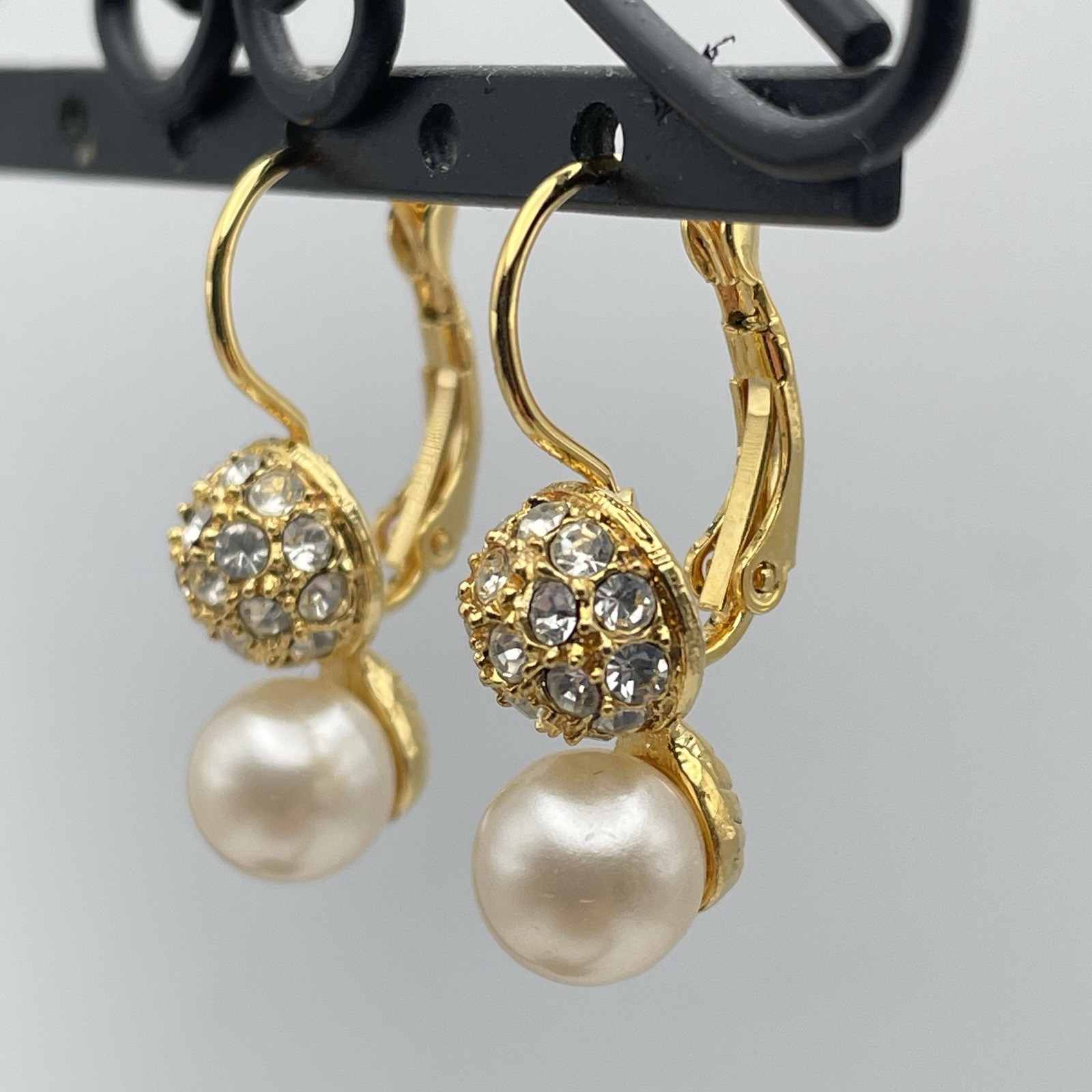 Bijoux Terne Pave Stud Faux Pearl Gold Tone Lever back Pierced Earrings NEW