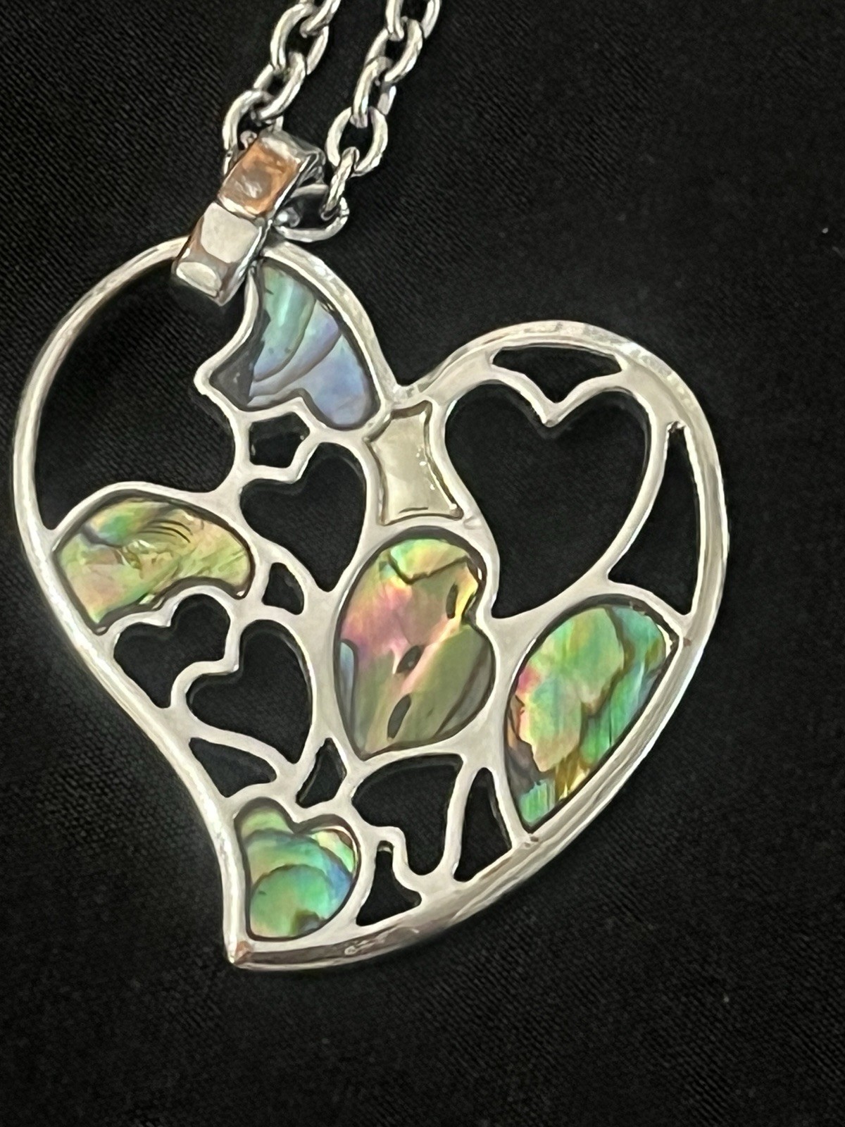 Abalone Shell Heart Pendant Necklace & Earrings Set Silver Tone Filigree 15–19”