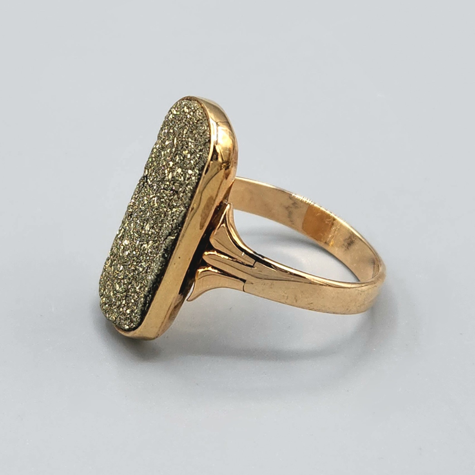 14K Rose Gold Large Pyrite Fools Gold Druzy Rectangle Band Ring Size 11.25 7.5g