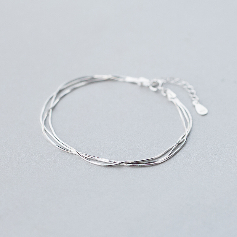 Woman REAL S925 Sterling Silver Multiple Layers Snake Chain Bracelet Bangle