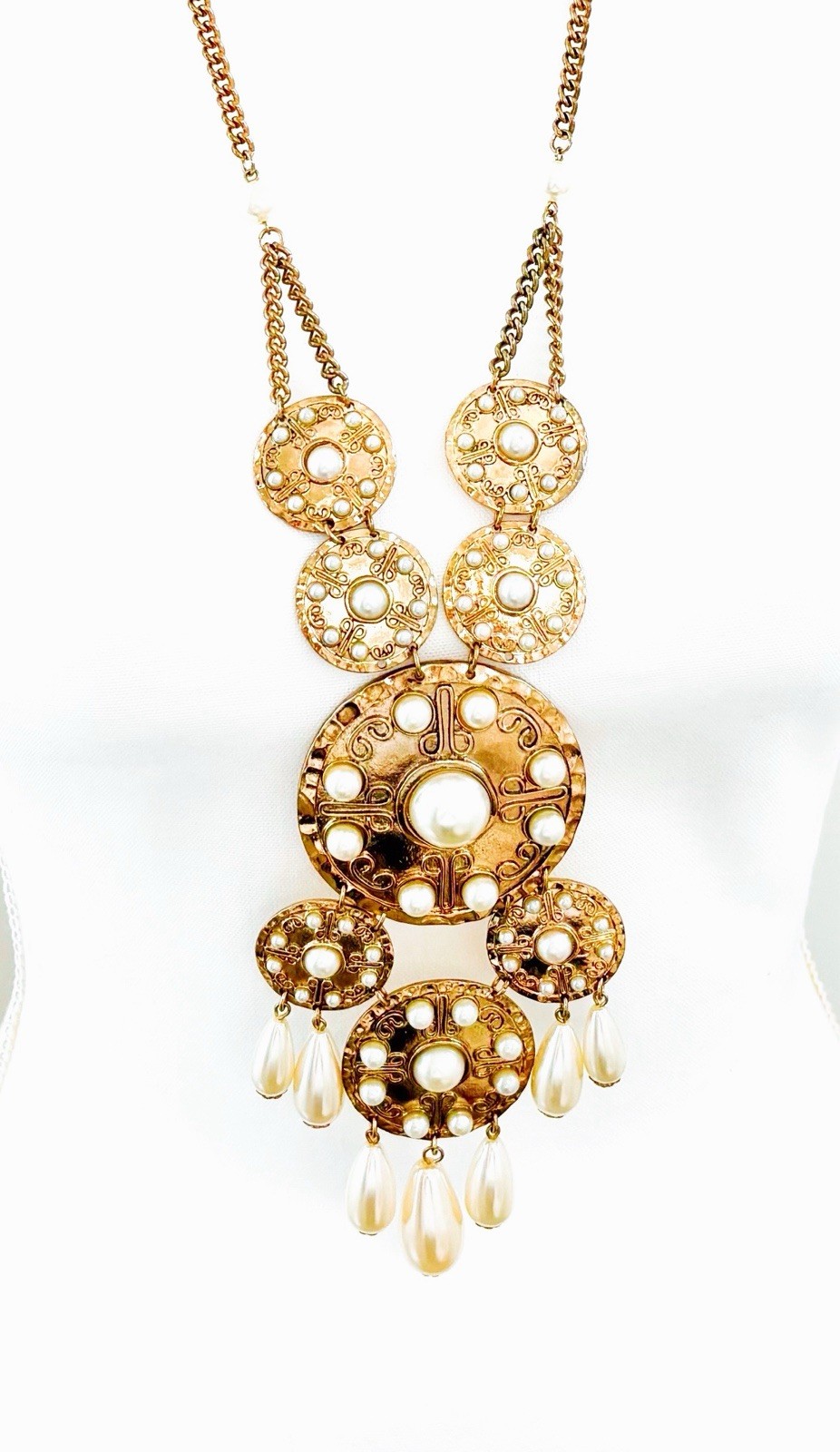Vintage Statement Necklace in Brass & Faux Pearl with 6” Medallion 28-31”