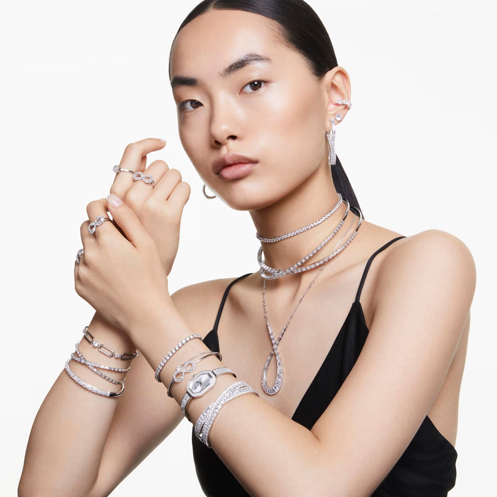 Sublima bangle Snow pavé, White, Rhodium plated