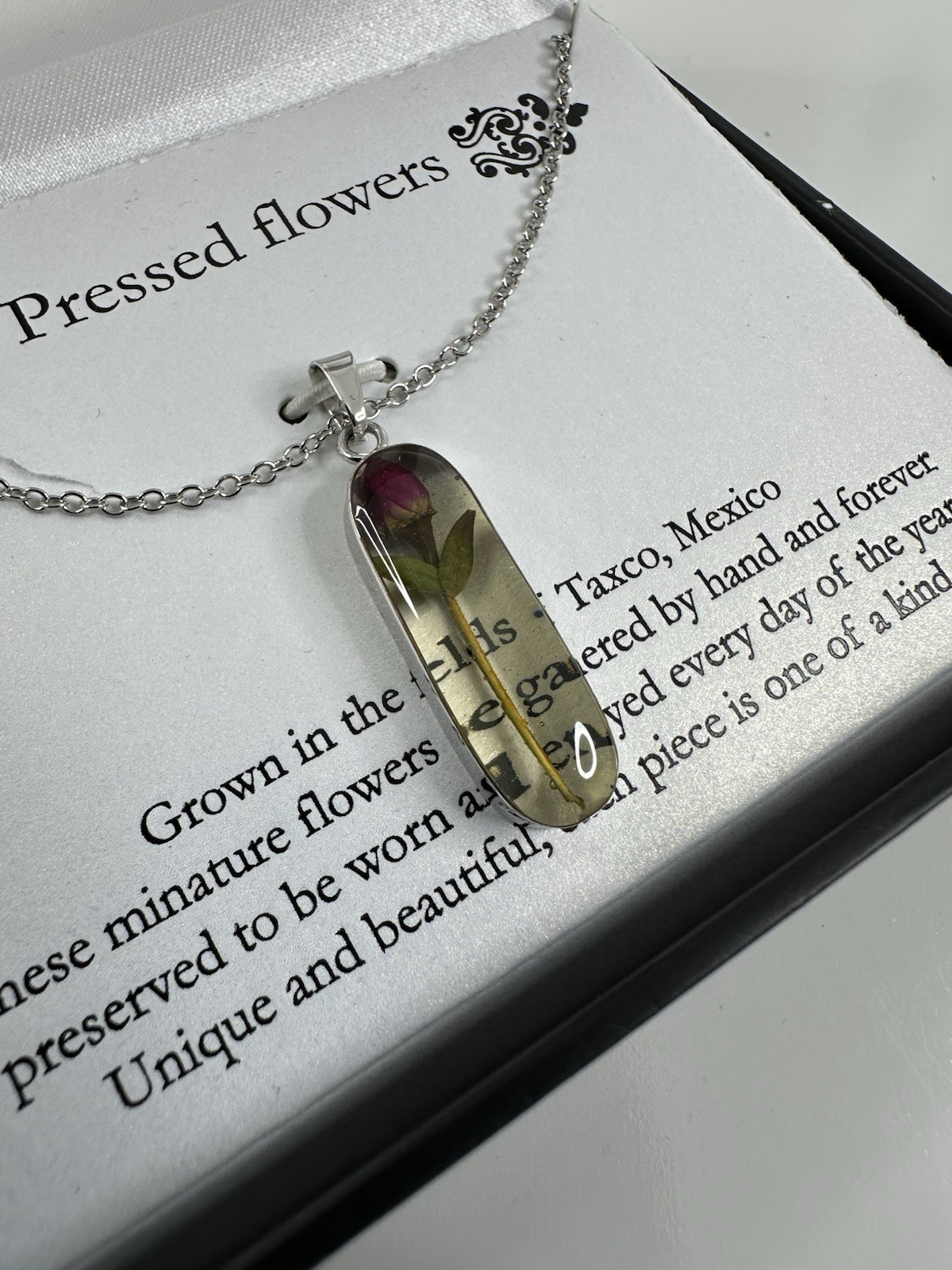 ATI Pressed Flower Necklace Silver Plated Pendant Mexico BBP2359 NEW w/ Package