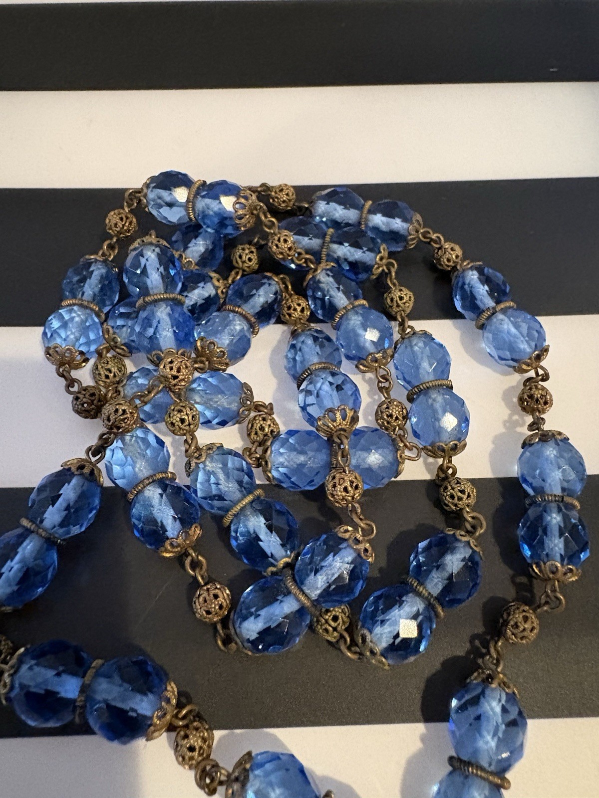 Antique Art Deco Blue Czech Glass & Brass Filigree 34 Inch Necklace 20s-30s