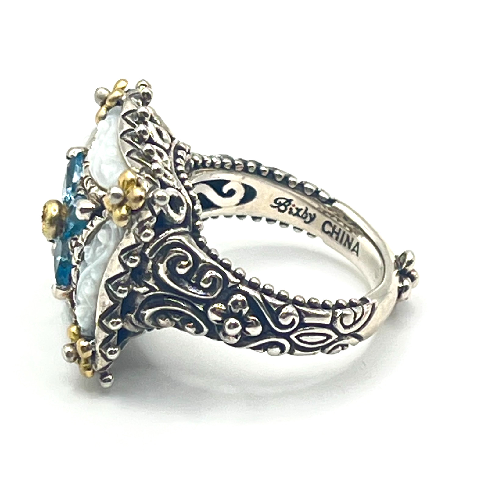 Barbara Bixby Size 8 Carved MOP & Blue Topaz Lotus Square Sterling 925 & 18k