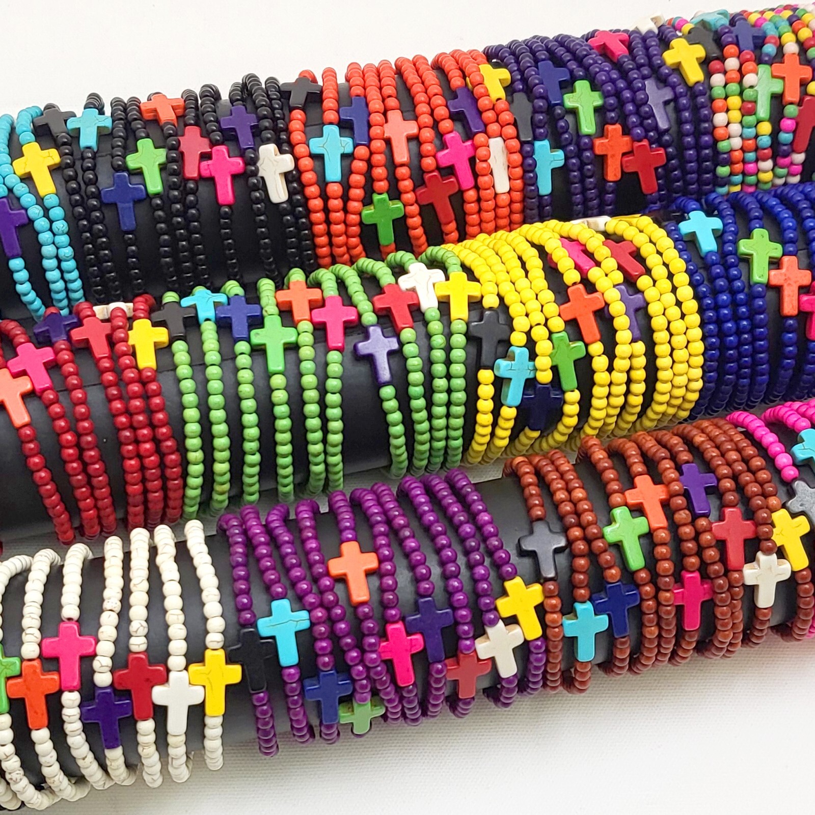 Cross Bracelet Handmade Beaded Howlite Turquoise Bead 7.5″ 4mm Halloween Gift