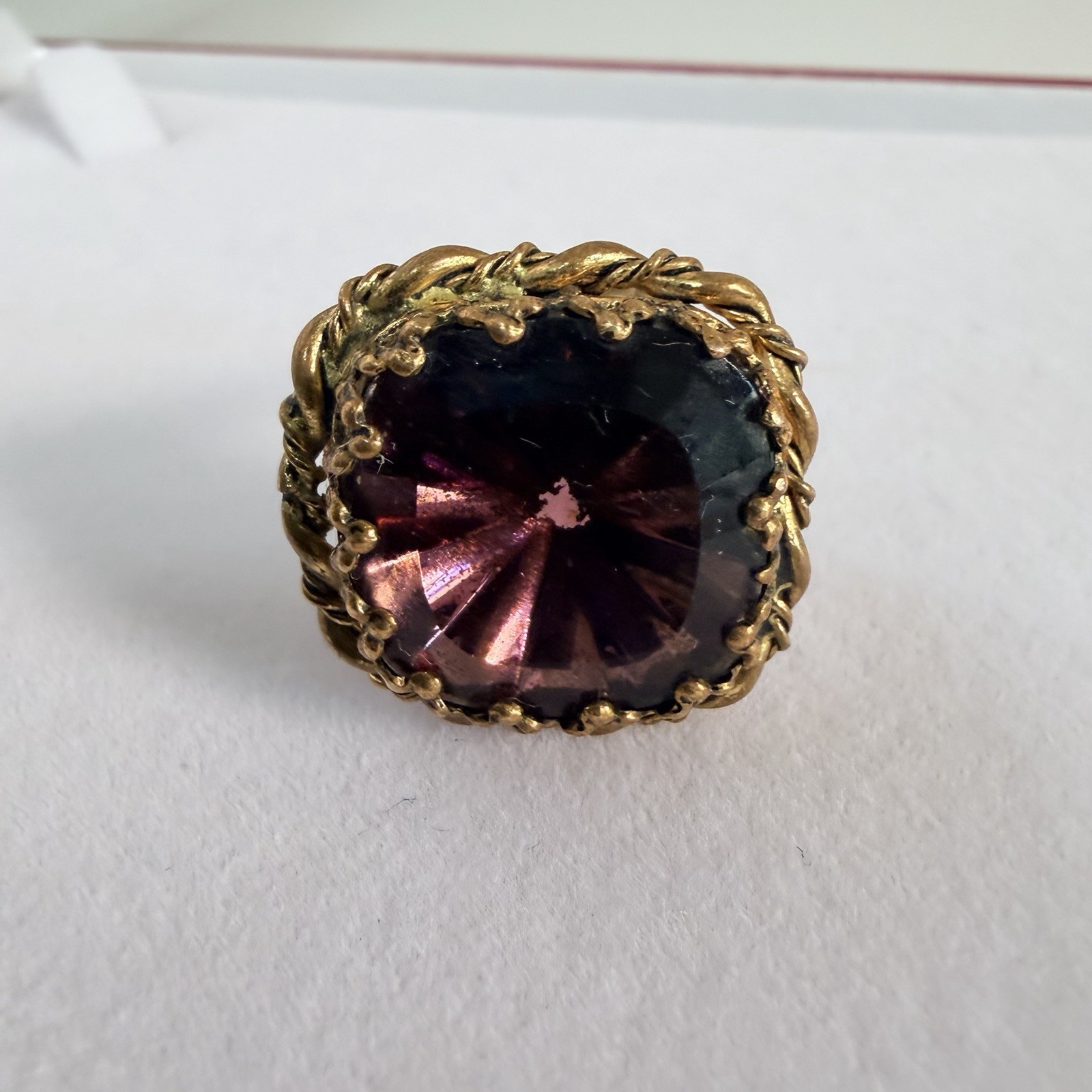 VTG West Germany Purple Porphyry Slag Glass Twisted Brass Shank Adjustable Ring