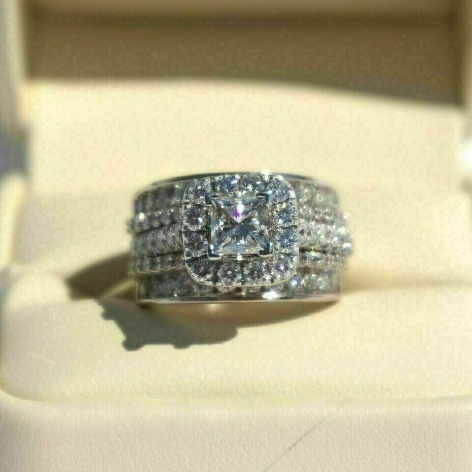 5 Ctw Princess Cut Created Diamond 14k White Gold Finish Trio Wedding Ring Set