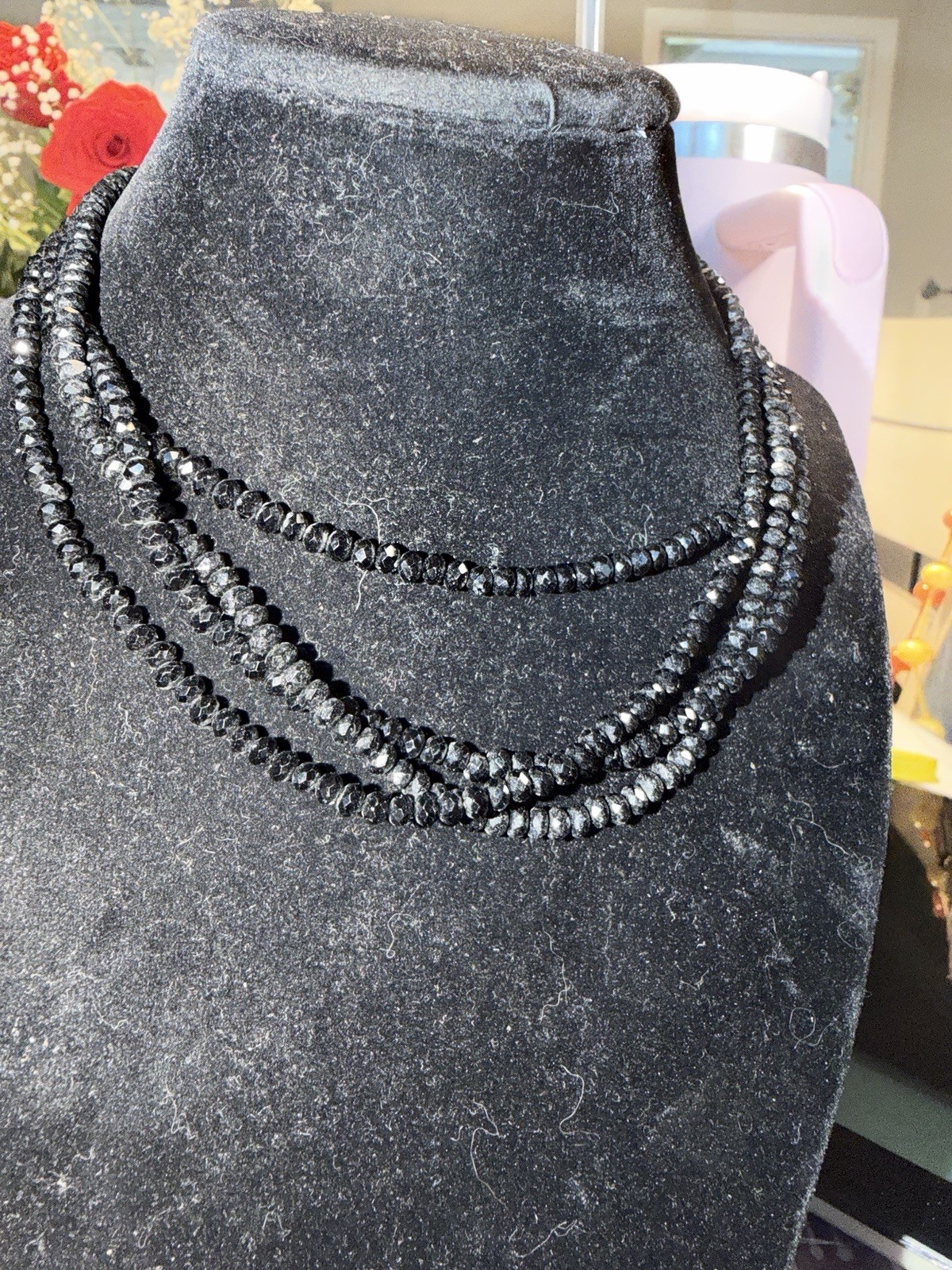Black Multi-Strand Beaded Crystal Necklace Rhinestone Magnetic Clasp 15in