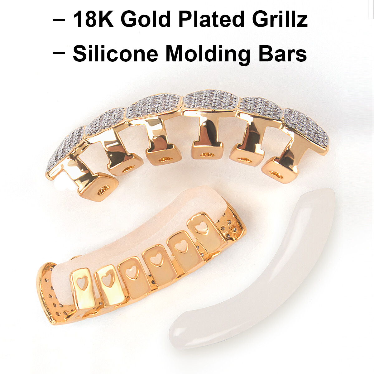 18K Gold Plated Grillz Hip Hop Top Bottom Diamond Teeth Grillz with Molding Bar
