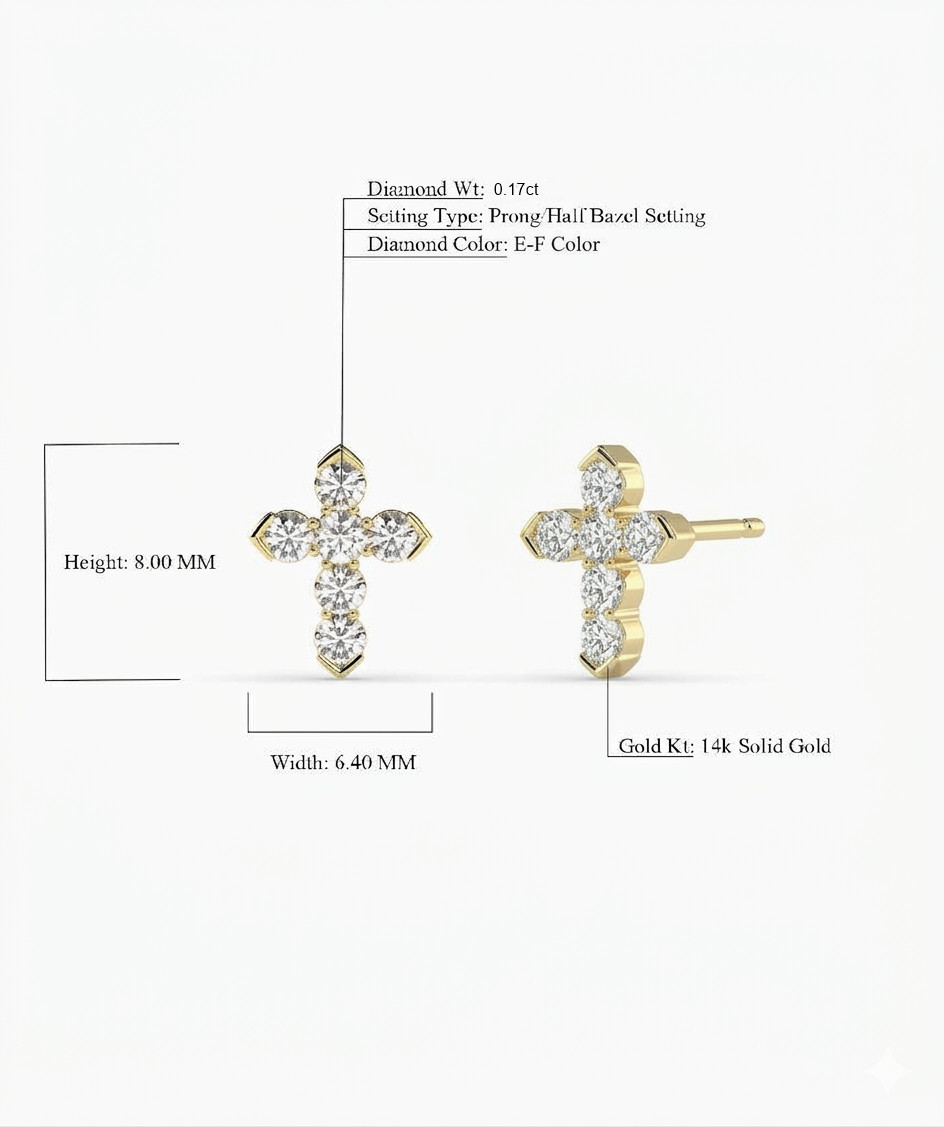 0.17 Ct Round Lab Grown Diamond 14K Gold Six Diamond Cross Stud Earrings For Her
