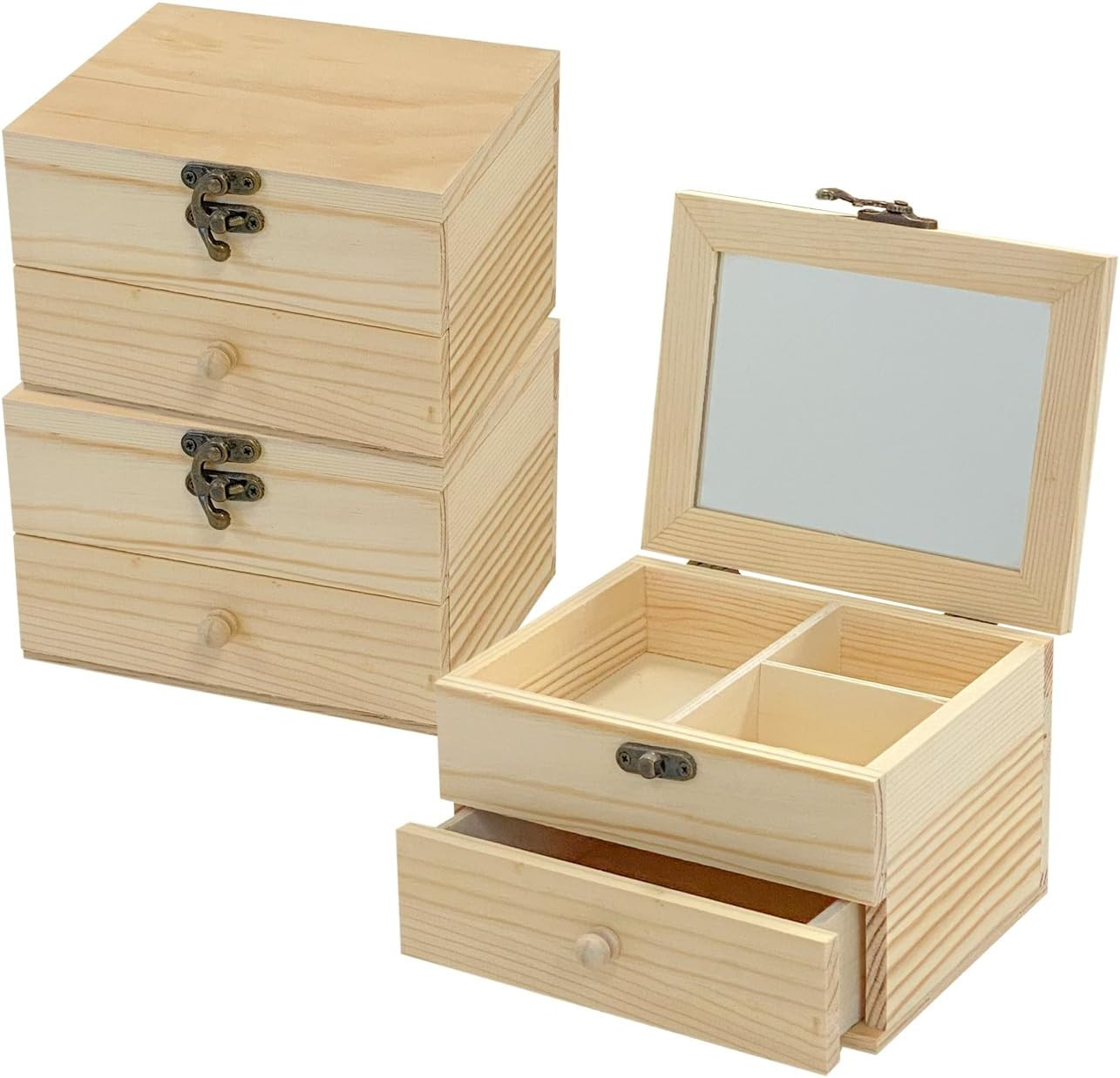 3 Pack Unfinished Wooden Jewelry Box (6X4.7X4 In) Natrural Wood Surface Chest wi