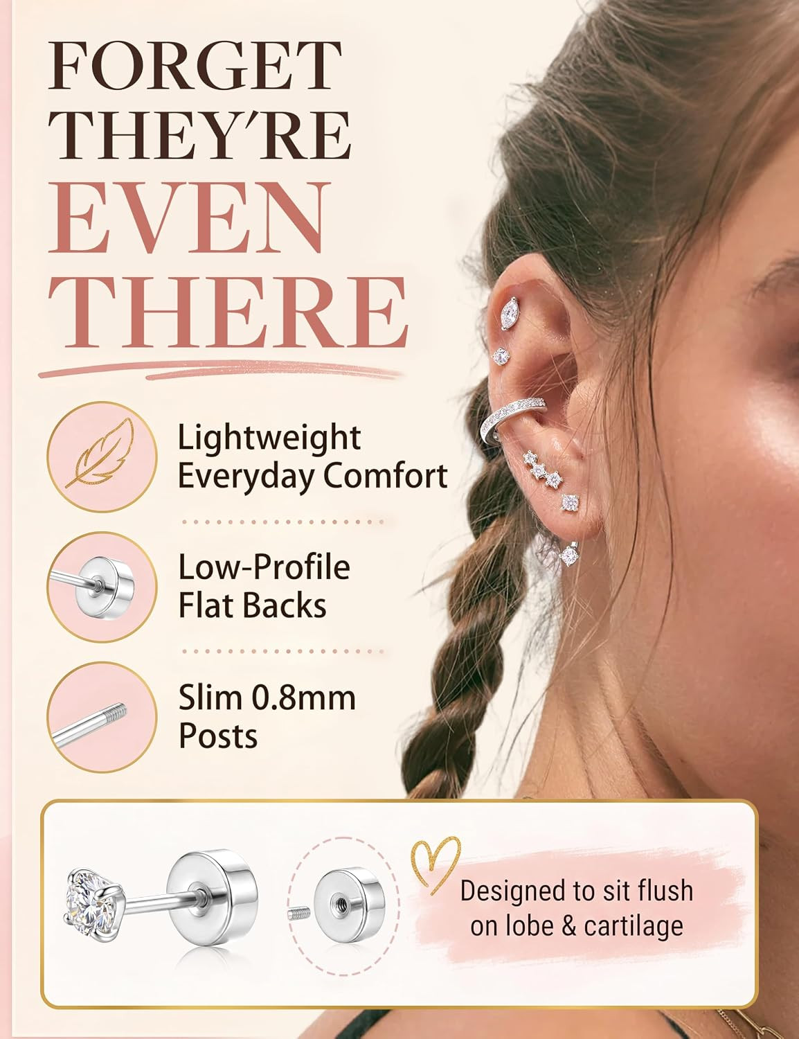 15 Pairs Stud Hoop Earrings for Women, Flat Back Cartilage Earring Set, Helix Tr