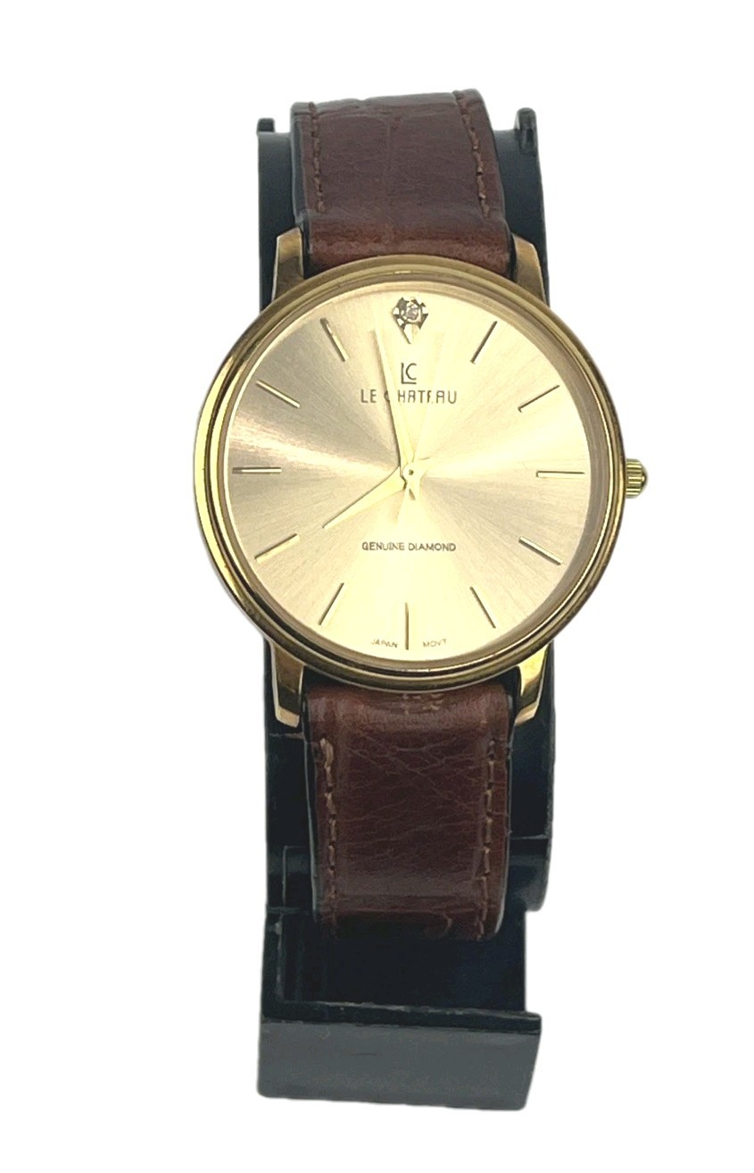 LE CHATEAU Genuine Diamond 18K Gold Plated Watch Gold Tone 32mm Leather New Batt