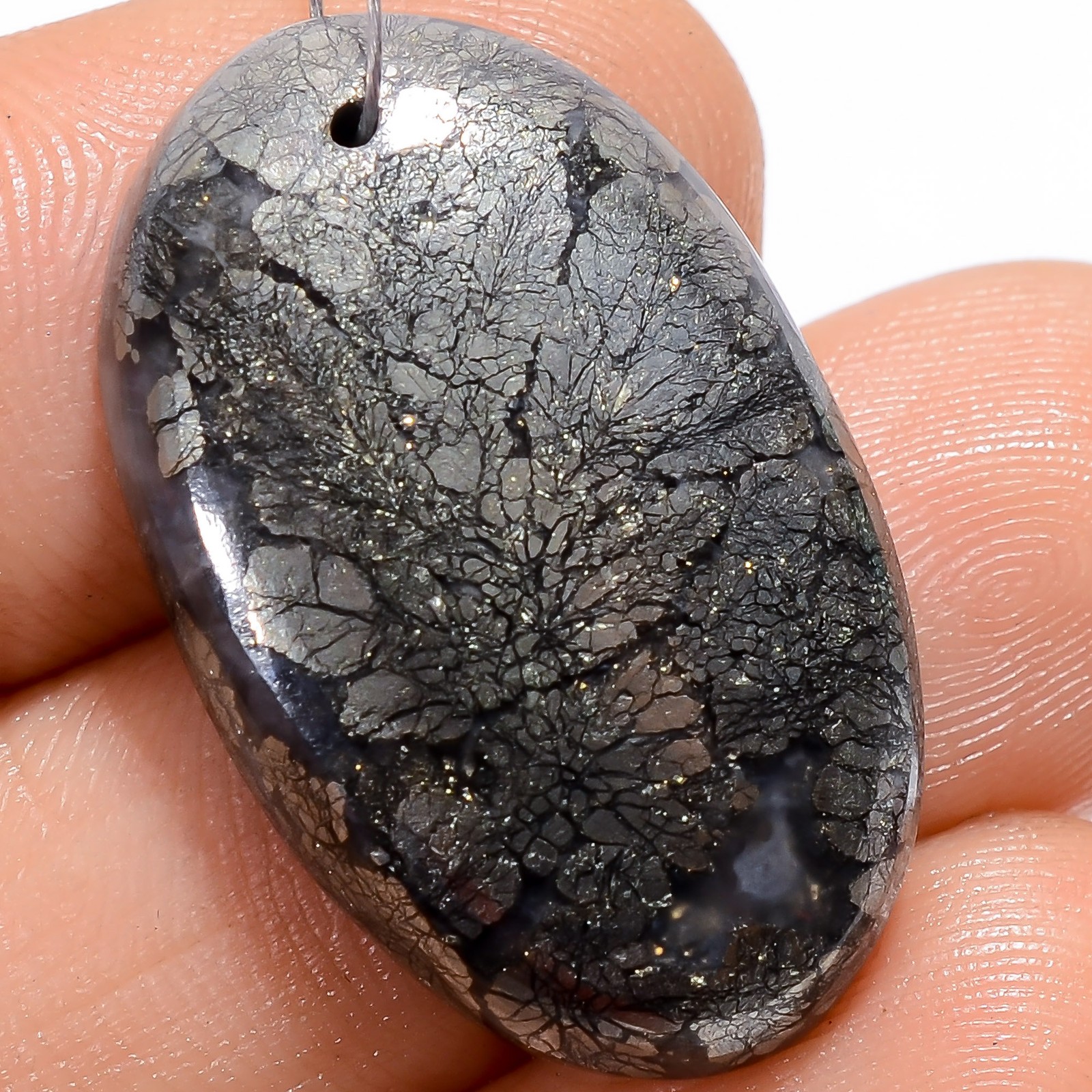 Marcasite Agate Oval Cabochon Drilled Loose Gemstone 28.5 Ct. 26X16X6 mm A-27355