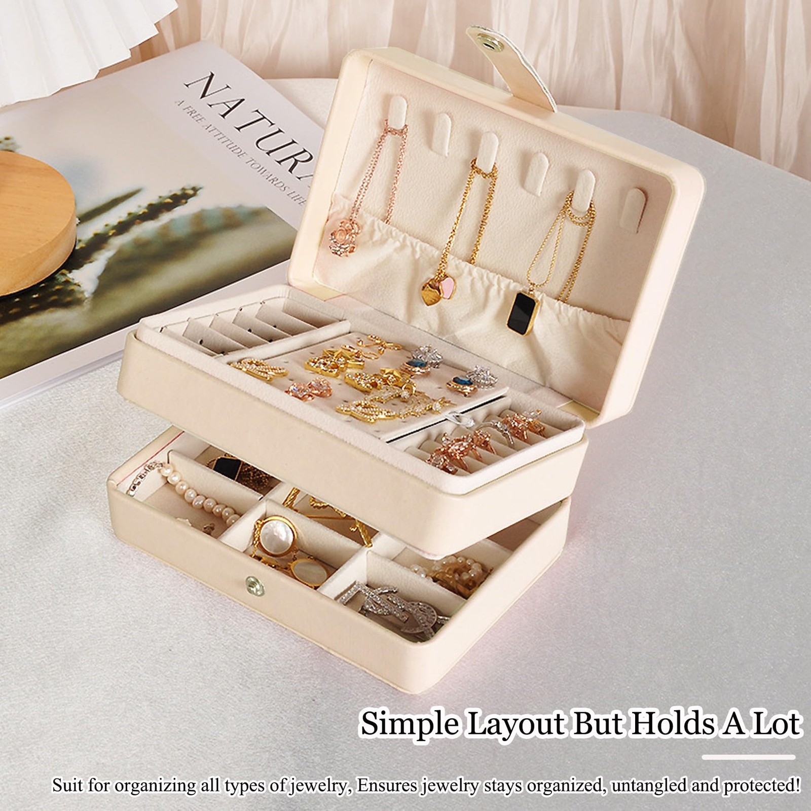 MODENGKONGJIAN Jewelry Organizer Box, 2 Layer, 2 Layer-Beige-PU Leather