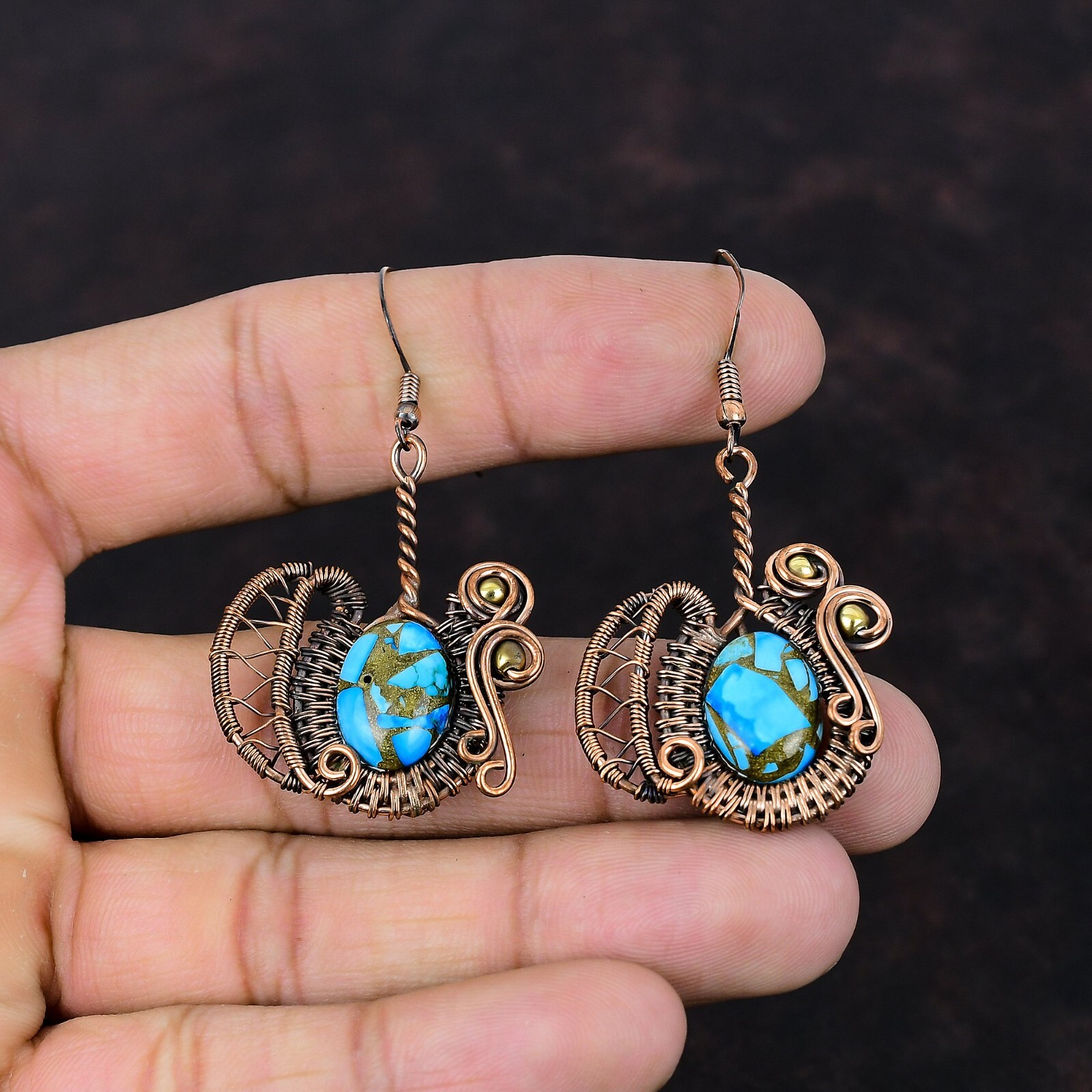 Blue Turquoise Copper Gift For Love Wire Wrapped Drop/Dangle Earrings 2.32″