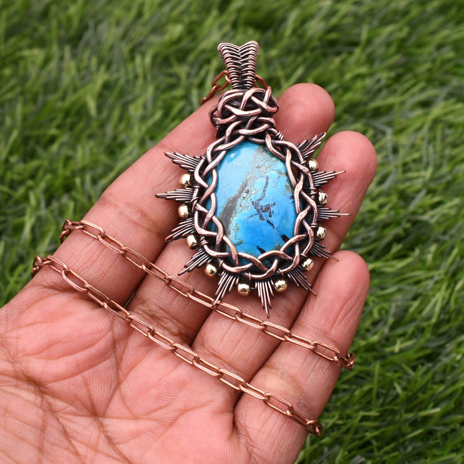 Turquoise Pendant Gemstone Copper Wire Wrap Handmade Jewelry Pendant 2.28″