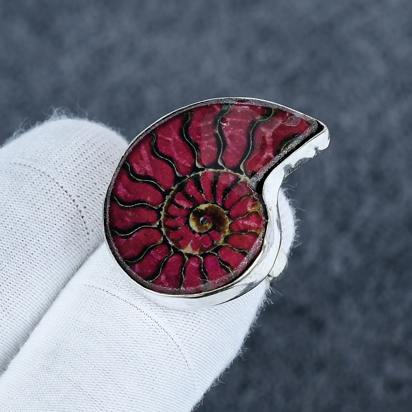 Hot Pink Fuchsia Fossil Ammonite Ring 925 Sterling Silver Jewelry, Handmade Gift