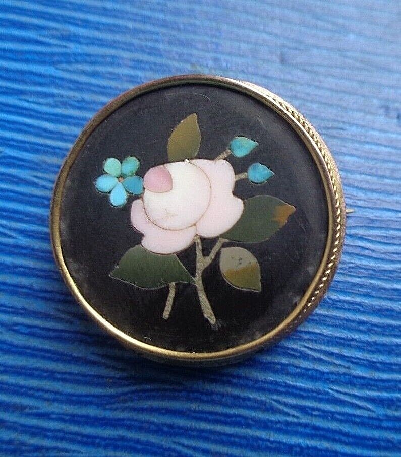Pietra Dura Gold Brooch Victorian 9ct Antique gold Mosaic Floral c1880s