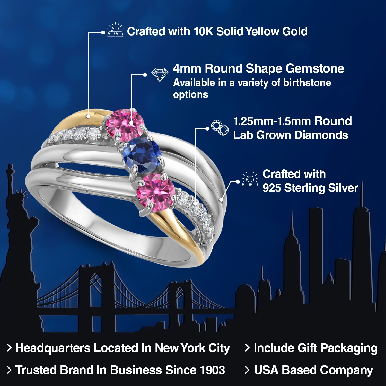 925 Silver and 10K Yellow Gold Pink Moissanite and Created Sapphire and Lab