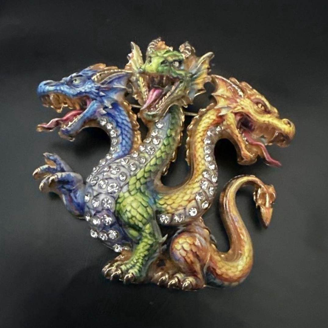 Multicolor Enamel Three-Headed Dragon Brooch Pin w/ Clear Pavé Rhinestones