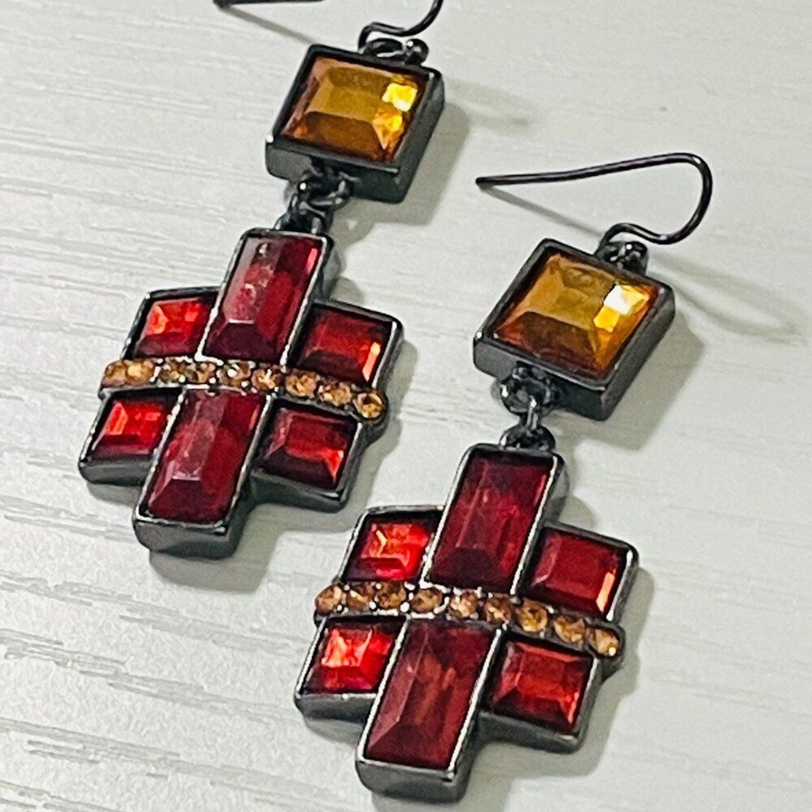 Red & Amber Geometric Dangle Earrings – Gunmetal Tone