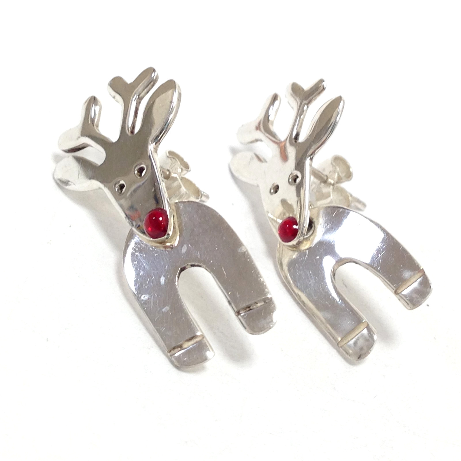 Anne & Jane Harvey 925 Sterling Silver Rudolph Red Nose Reindeer Dangle Earrings