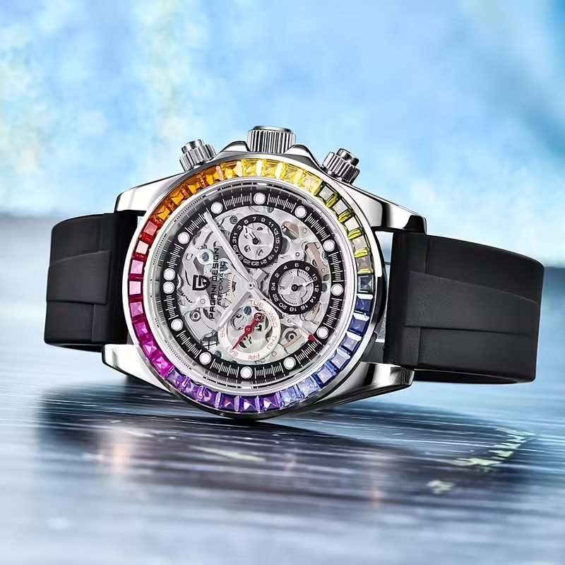 🔥USA🔥PAGANI DESIGN PD-1653 Automatic Watch, Rainbow Circle, Skeleton Rubber